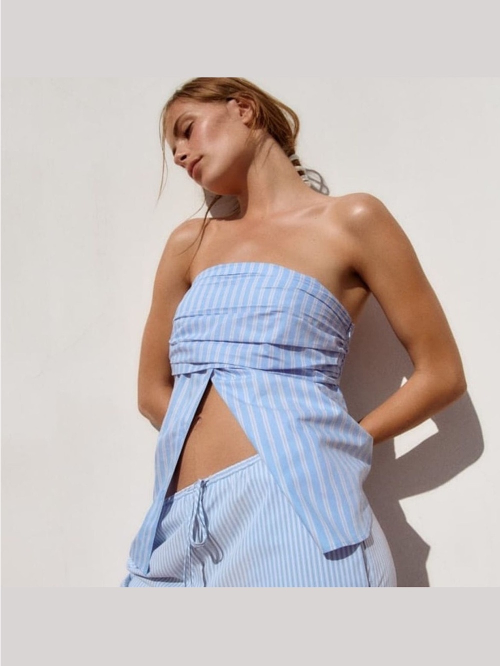 Zara Strapless Poplin Top Light Blue Striped Size Large